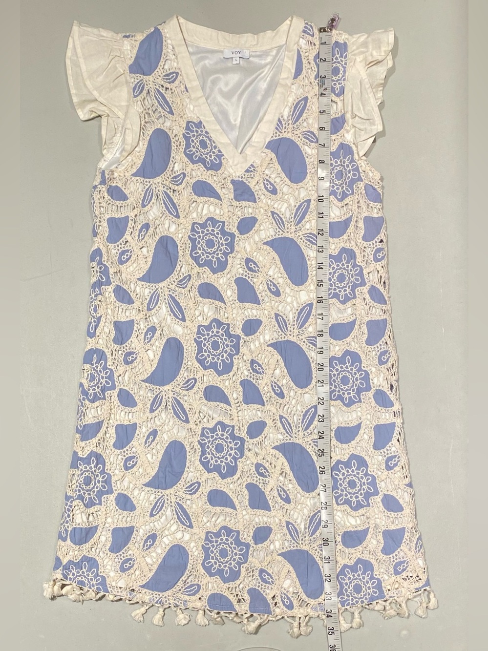 VOY Slate Blue Knit Fit and Flare Dress Cream Lace Crochet Overlay, Size L - Picture 6 of 8